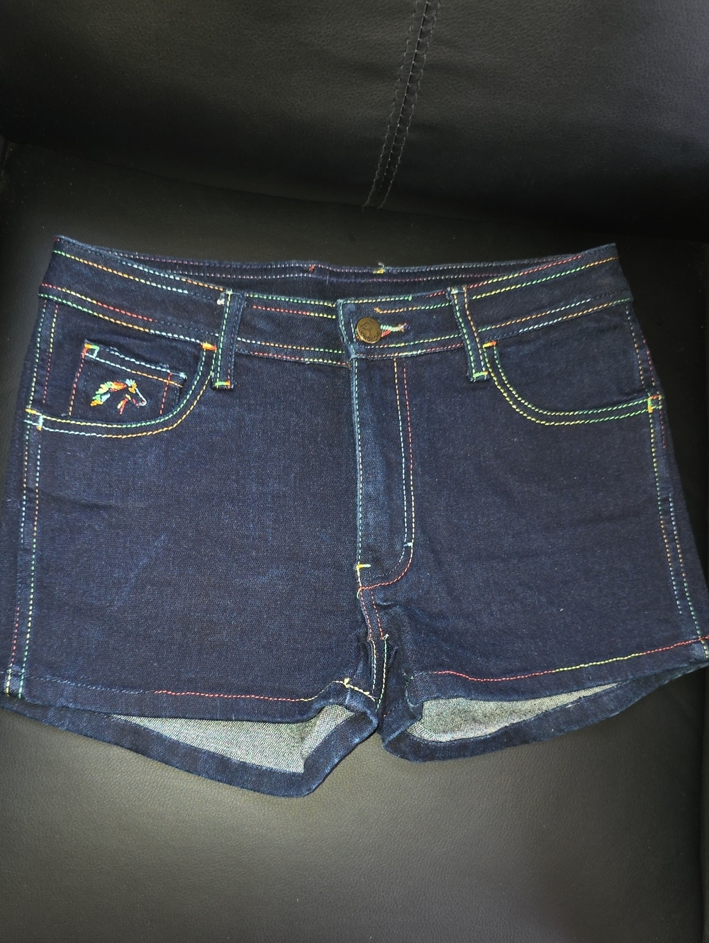Jordache Dark Indigo Jean Shorts with Rainbow Stitching